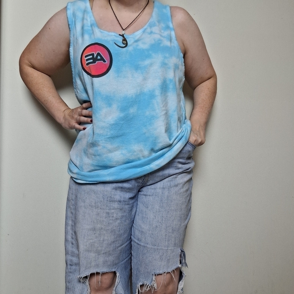 American Eagle Men's Blue and White Tie Dye Graphic Tank Top Size XL
